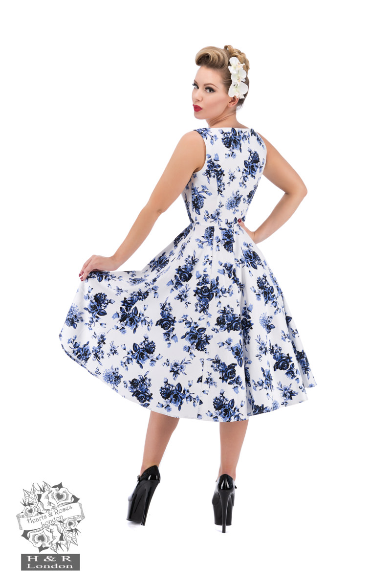 Blue Rosaceae Swing Dress In Whiteblue Hearts And Roses London